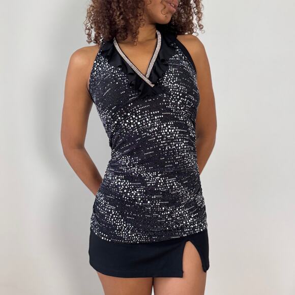 Vintage Italian black rhinestone-speckled halter top (M) - Picture 1 of 7